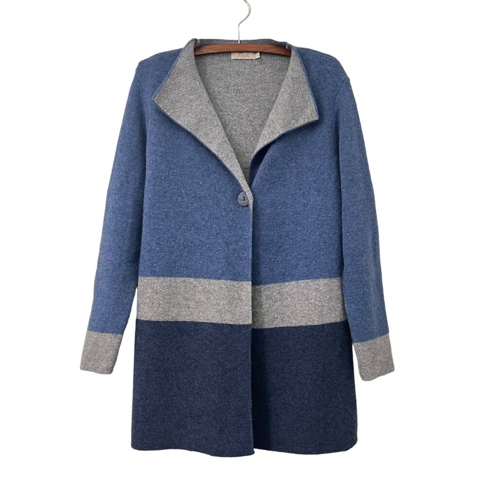 A.Ida Blue Colorblock Made in Italy Wool One Button Long Cardigan Womens Small